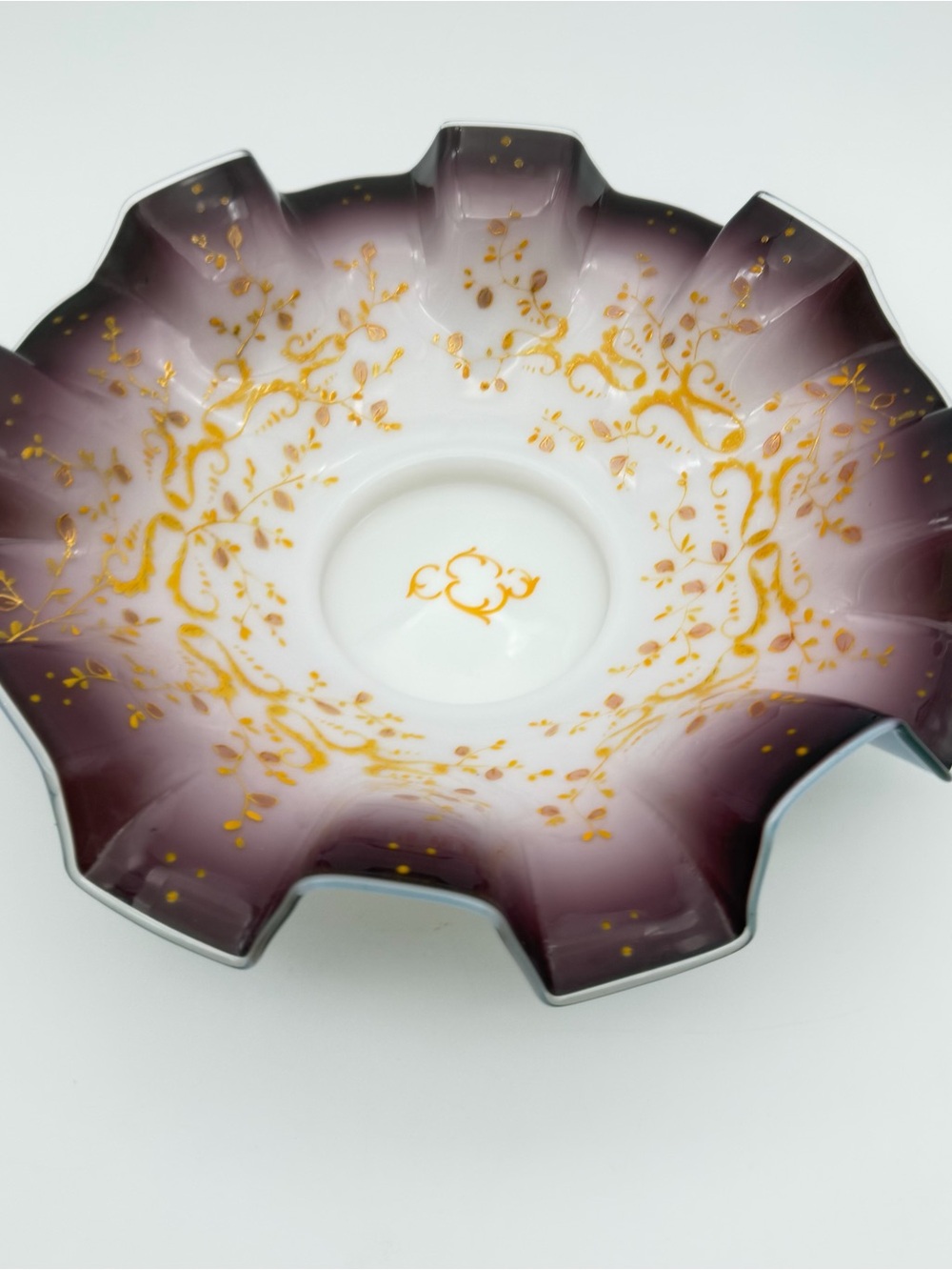 Victorian Art Glass Amethyst Purple And Gold Enameled Brides Basket